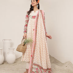 Malmal Calf Length Printed Full Sleeve Key Hole Neck Flared Kurta Suit Set