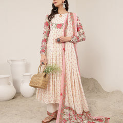 Malmal Calf Length Printed Full Sleeve Key Hole Neck Flared Kurta Suit Set