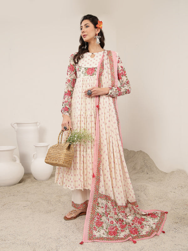 Malmal Calf Length Printed Full Sleeve Key Hole Neck Flared Kurta Suit Set