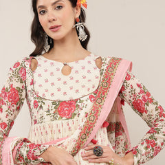 Malmal Calf Length Printed Full Sleeve Key Hole Neck Flared Kurta Suit Set