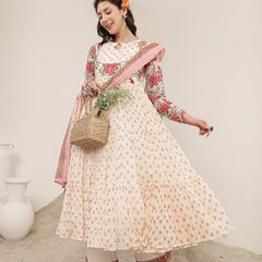 Malmal Calf Length Printed Full Sleeve Key Hole Neck Flared Kurta Suit Set