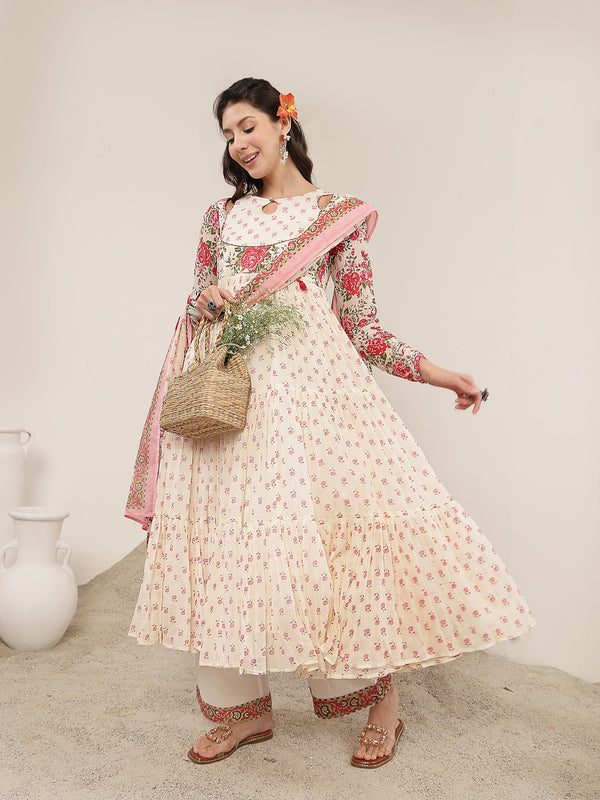 Malmal Calf Length Printed Full Sleeve Key Hole Neck Flared Kurta Suit Set