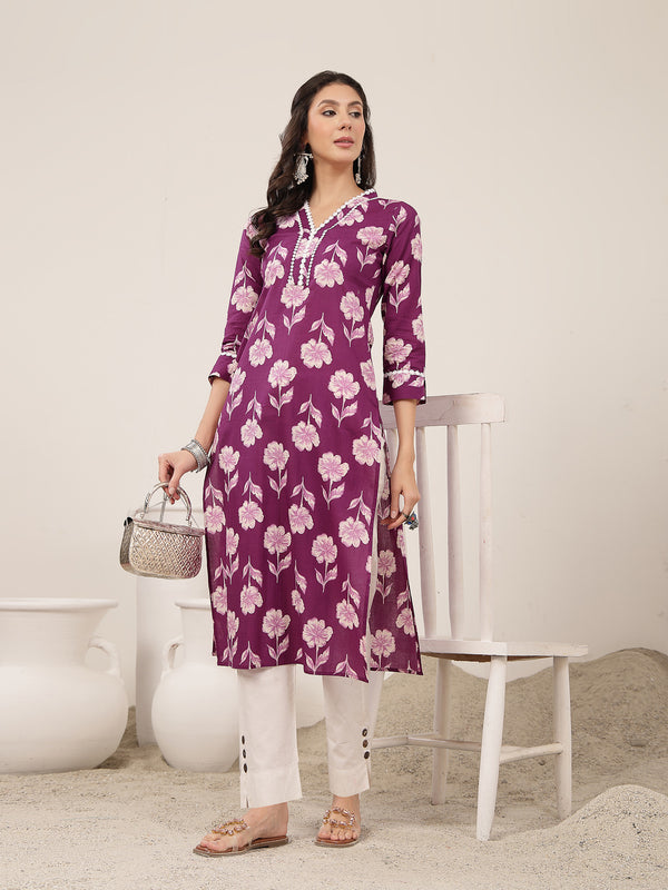 Gulmohar Jaipur Cotton Calf Length Printed 3/4 Sleeves V-Neck Anarkali Kurta Suit Set