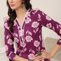 Gulmohar Jaipur Cotton Calf Length Printed 3/4 Sleeves V-Neck Anarkali Kurta Suit Set