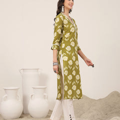 Gulmohar Jaipur Cotton Calf Length Printed 3/4 Sleeves V-Neck Anarkali Kurta Suit Set