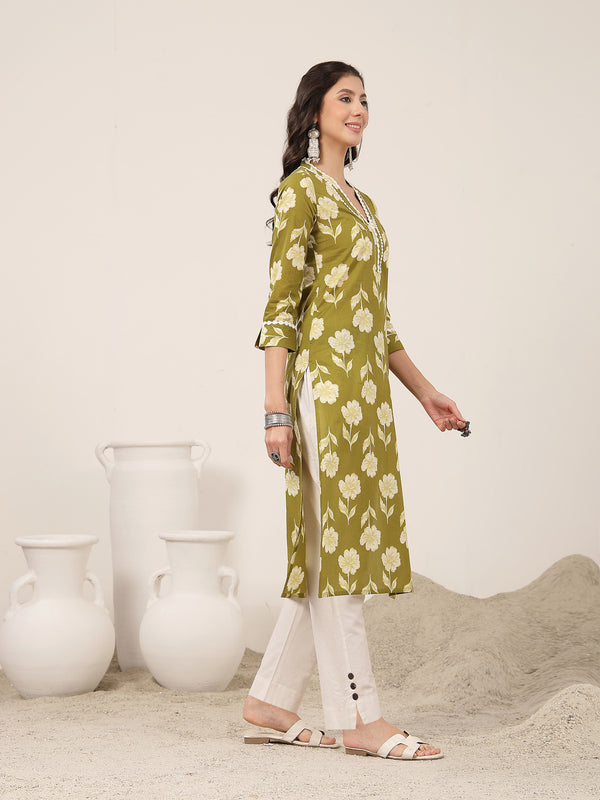 Gulmohar Jaipur Cotton Calf Length Printed 3/4 Sleeves V-Neck Anarkali Kurta Suit Set