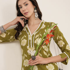 Gulmohar Jaipur Cotton Calf Length Printed 3/4 Sleeves V-Neck Anarkali Kurta Suit Set
