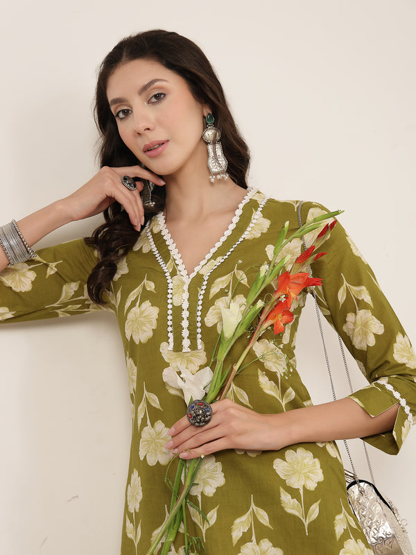 Gulmohar Jaipur Cotton Calf Length Printed 3/4 Sleeves V-Neck Anarkali Kurta Suit Set