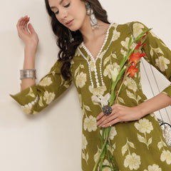 Gulmohar Jaipur Cotton Calf Length Printed 3/4 Sleeves V-Neck Anarkali Kurta Suit Set