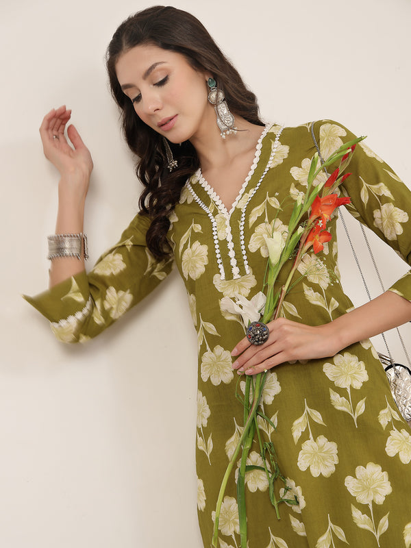 Gulmohar Jaipur Cotton Calf Length Printed 3/4 Sleeves V-Neck Anarkali Kurta Suit Set