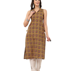 Rayon Calf Length Printed Sleeveless Shirt Collar Straight Kurta