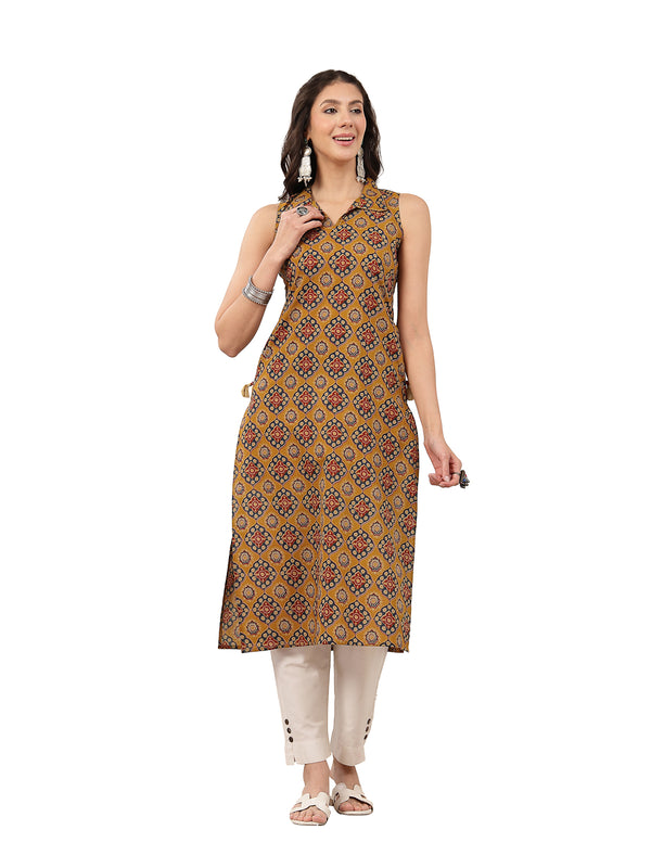 Rayon Calf Length Printed Sleeveless Shirt Collar Straight Kurta