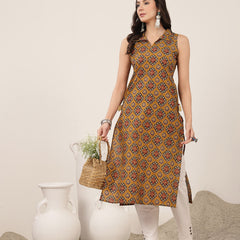 Rayon Calf Length Printed Sleeveless Shirt Collar Straight Kurta