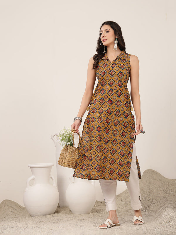 Rayon Calf Length Printed Sleeveless Shirt Collar Straight Kurta