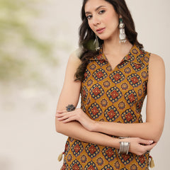 Rayon Calf Length Printed Sleeveless Shirt Collar Straight Kurta