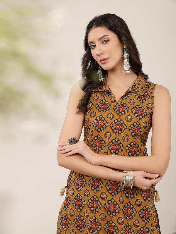 Rayon Calf Length Printed Sleeveless Shirt Collar Straight Kurta
