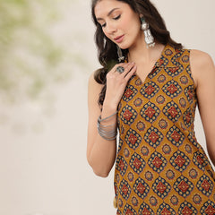 Rayon Calf Length Printed Sleeveless Shirt Collar Straight Kurta