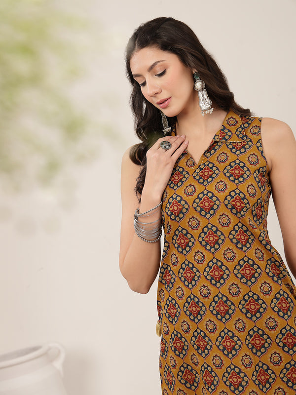 Rayon Calf Length Printed Sleeveless Shirt Collar Straight Kurta