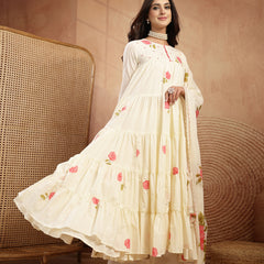 Gulmohar Jaipur Malmal Calf Length Printed 3/4 Sleeves Round Neck Anarkali Kurta Suit Set