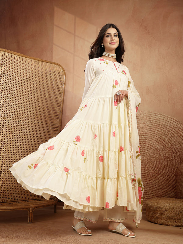 Gulmohar Jaipur Malmal Calf Length Printed 3/4 Sleeves Round Neck Anarkali Kurta Suit Set