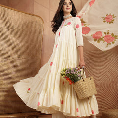 Gulmohar Jaipur Malmal Calf Length Printed 3/4 Sleeves Round Neck Anarkali Kurta Suit Set