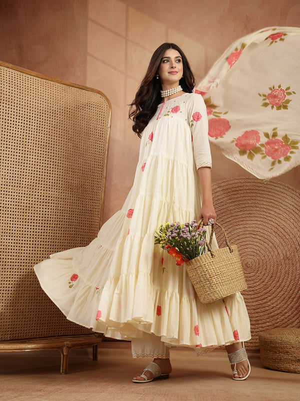 Gulmohar Jaipur Malmal Calf Length Printed 3/4 Sleeves Round Neck Anarkali Kurta Suit Set