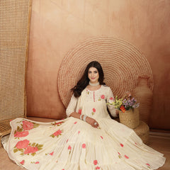 Gulmohar Jaipur Malmal Calf Length Printed 3/4 Sleeves Round Neck Anarkali Kurta Suit Set