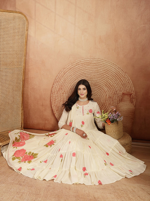Gulmohar Jaipur Malmal Calf Length Printed 3/4 Sleeves Round Neck Anarkali Kurta Suit Set