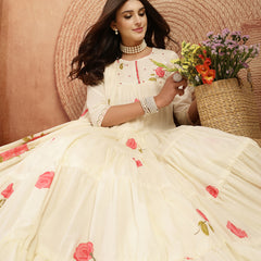 Gulmohar Jaipur Malmal Calf Length Printed 3/4 Sleeves Round Neck Anarkali Kurta Suit Set
