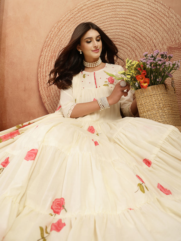 Gulmohar Jaipur Malmal Calf Length Printed 3/4 Sleeves Round Neck Anarkali Kurta Suit Set