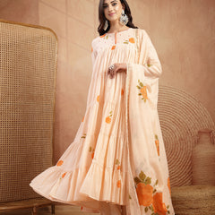 Gulmohar Jaipur Malmal Calf Length Printed 3/4 Sleeves Round Neck Anarkali Kurta Suit Set