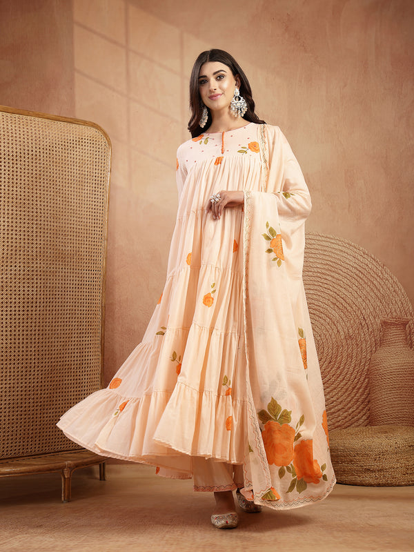 Gulmohar Jaipur Malmal Calf Length Printed 3/4 Sleeves Round Neck Anarkali Kurta Suit Set