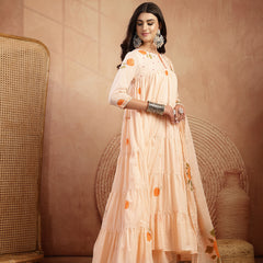 Gulmohar Jaipur Malmal Calf Length Printed 3/4 Sleeves Round Neck Anarkali Kurta Suit Set