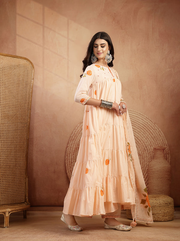 Gulmohar Jaipur Malmal Calf Length Printed 3/4 Sleeves Round Neck Anarkali Kurta Suit Set