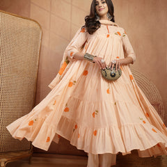 Gulmohar Jaipur Malmal Calf Length Printed 3/4 Sleeves Round Neck Anarkali Kurta Suit Set