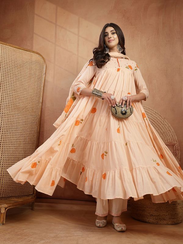 Gulmohar Jaipur Malmal Calf Length Printed 3/4 Sleeves Round Neck Anarkali Kurta Suit Set