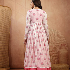 Gulmohar Jaipur Cotton Calf Length Printed 3/4 Sleeves Round Neck Flared Kurta