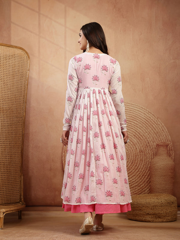 Gulmohar Jaipur Cotton Calf Length Printed 3/4 Sleeves Round Neck Flared Kurta