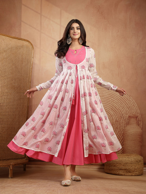 Gulmohar Jaipur Cotton Calf Length Printed 3/4 Sleeves Round Neck Flared Kurta