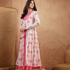 Gulmohar Jaipur Cotton Calf Length Printed 3/4 Sleeves Round Neck Flared Kurta