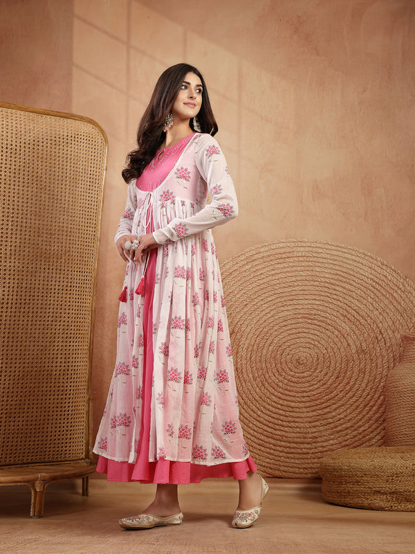 Gulmohar Jaipur Cotton Calf Length Printed 3/4 Sleeves Round Neck Flared Kurta