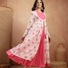 Gulmohar Jaipur Cotton Calf Length Printed 3/4 Sleeves Round Neck Flared Kurta