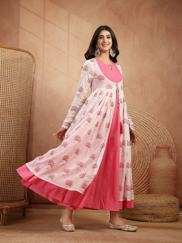 Gulmohar Jaipur Cotton Calf Length Printed 3/4 Sleeves Round Neck Flared Kurta