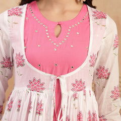 Gulmohar Jaipur Cotton Calf Length Printed 3/4 Sleeves Round Neck Flared Kurta