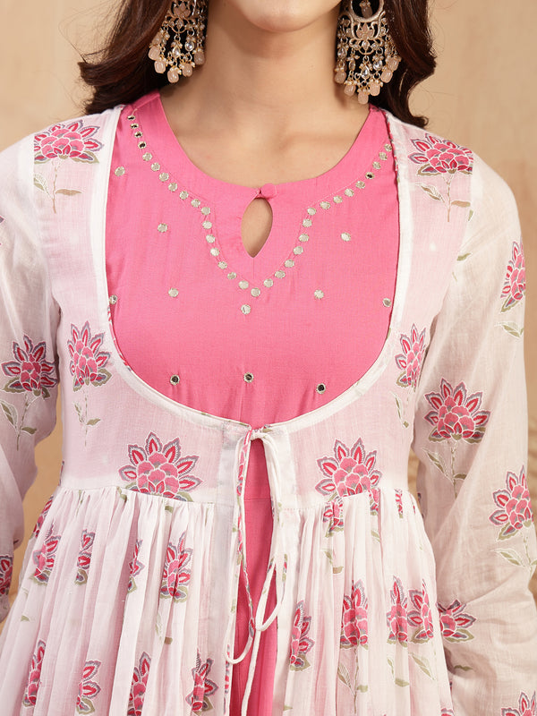 Gulmohar Jaipur Cotton Calf Length Printed 3/4 Sleeves Round Neck Flared Kurta