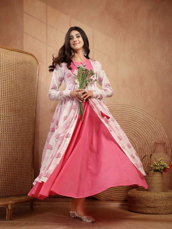 Gulmohar Jaipur Cotton Calf Length Printed 3/4 Sleeves Round Neck Flared Kurta