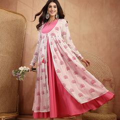 Gulmohar Jaipur Cotton Calf Length Printed 3/4 Sleeves Round Neck Flared Kurta