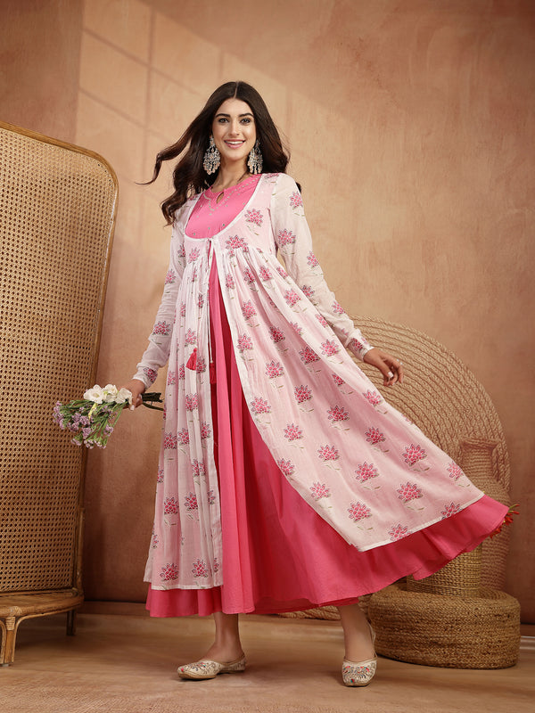 Gulmohar Jaipur Cotton Calf Length Printed 3/4 Sleeves Round Neck Flared Kurta