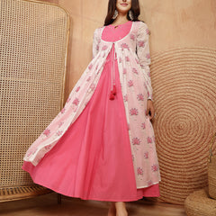 Gulmohar Jaipur Cotton Calf Length Printed 3/4 Sleeves Round Neck Flared Kurta