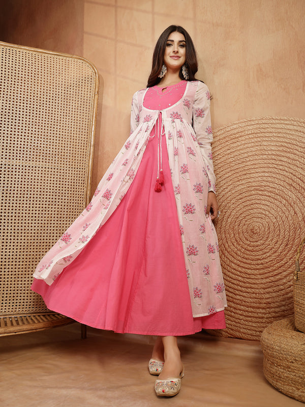 Gulmohar Jaipur Cotton Calf Length Printed 3/4 Sleeves Round Neck Flared Kurta